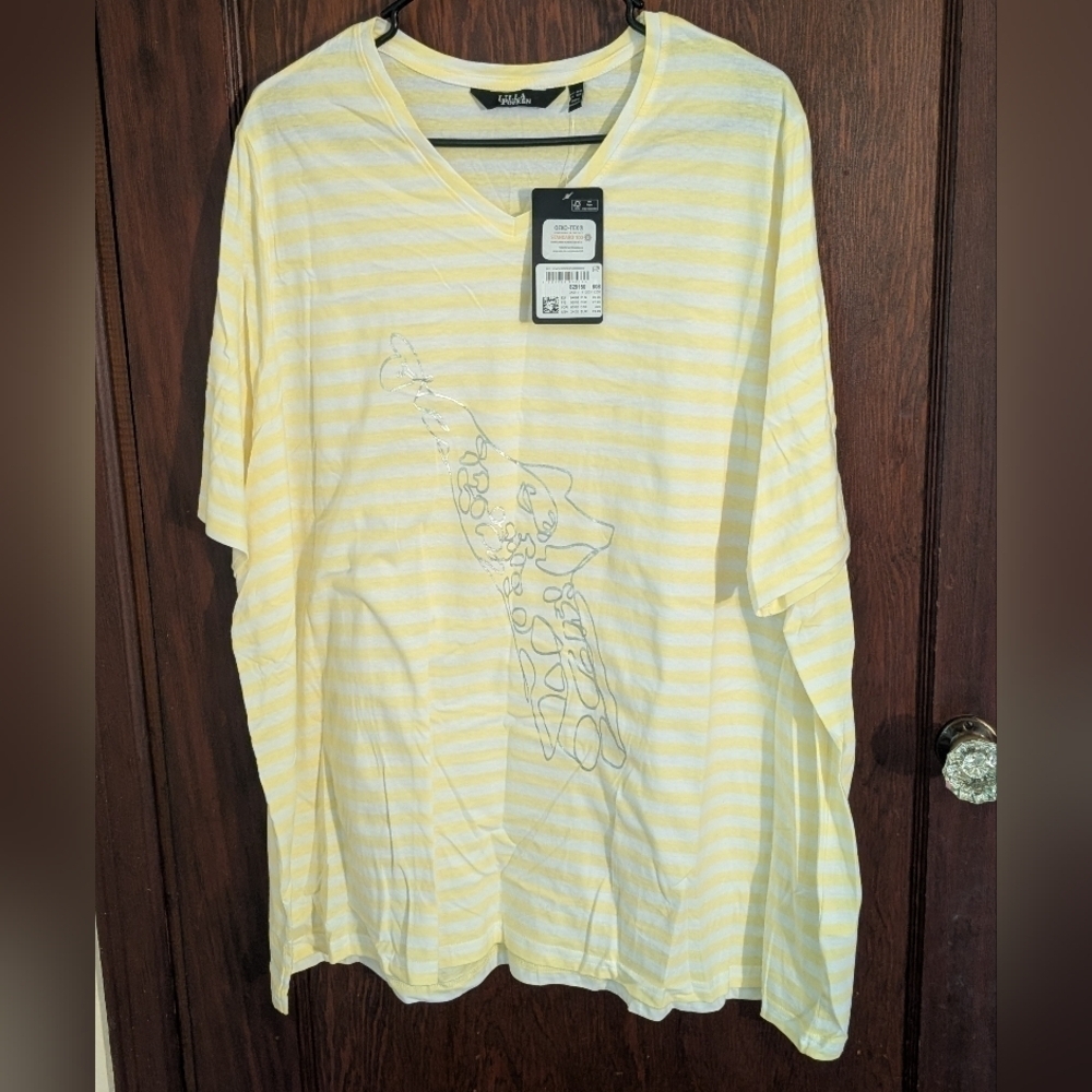 New With Tags Ulla Popken Yellow Stripe Short Sleeve Giraffe Cotton Shirt 24/26